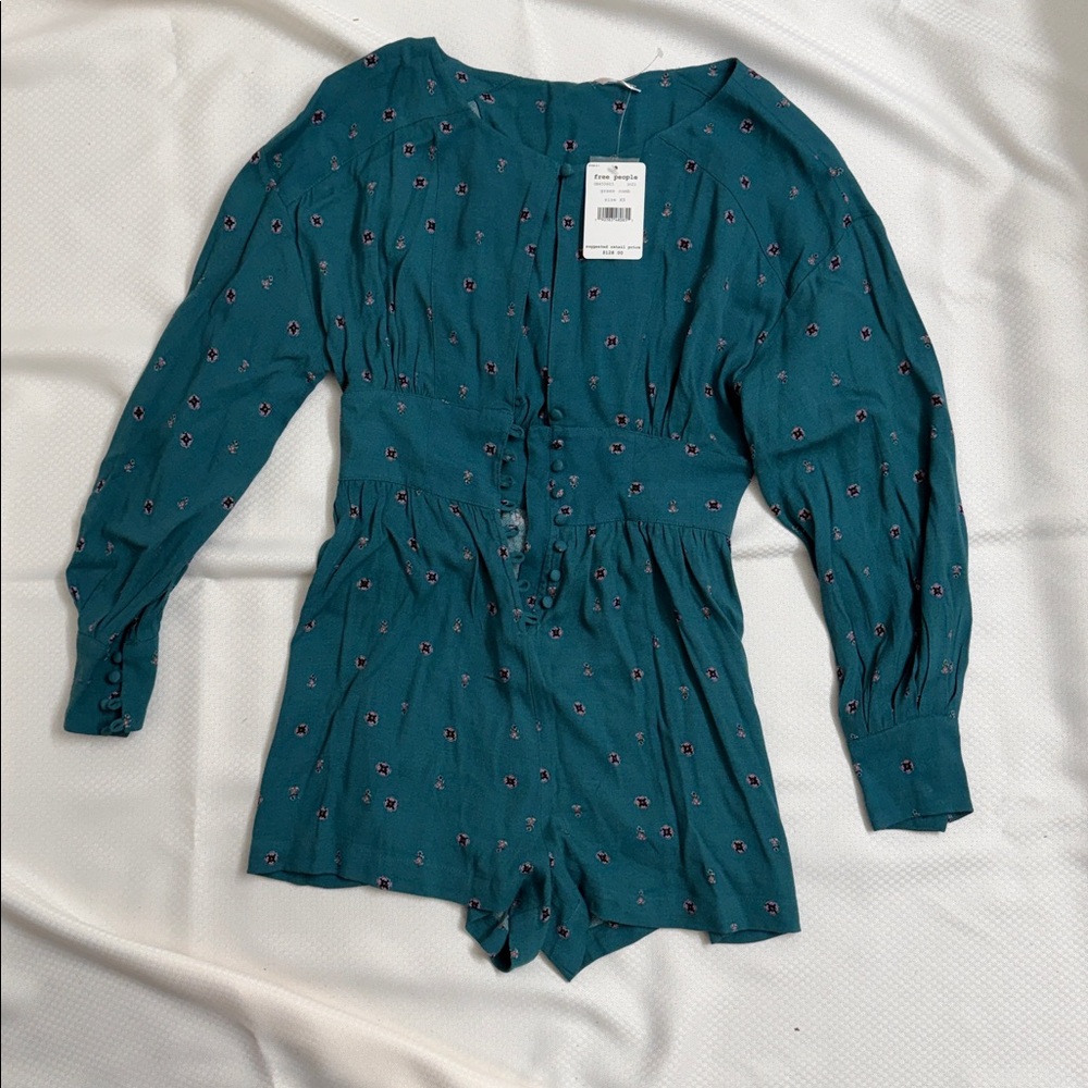 Free People Long sleeve Romper Green Floral NWT‎ Size XS
